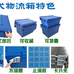 CATL掀蓋式物流箱特性-蓋體相連 交叉密合 可堆疊 可收藏 打包帶 束帶鎖 不殘膠 止滑底 卡片夾