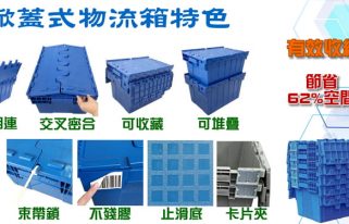 CATL掀蓋式物流箱特性-蓋體相連 交叉密合 可堆疊 可收藏 打包帶 束帶鎖 不殘膠 止滑底 卡片夾